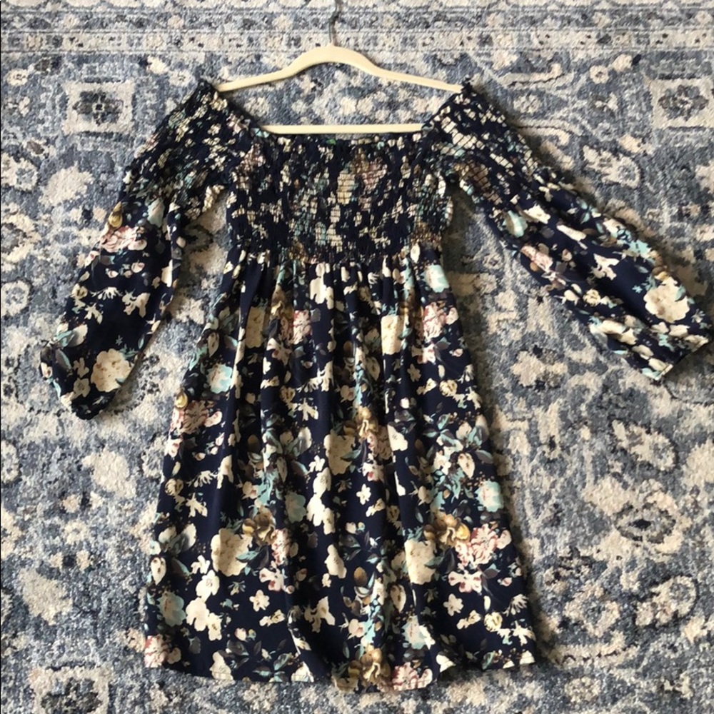 Navy Off the Shoulder Floral Boutique Dress